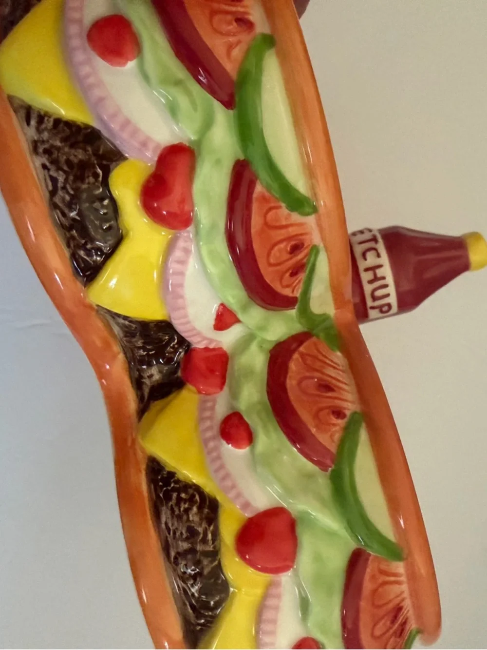 Ceramic Triple Dip Server Dish Cheeseburger with Ketchup Bottle